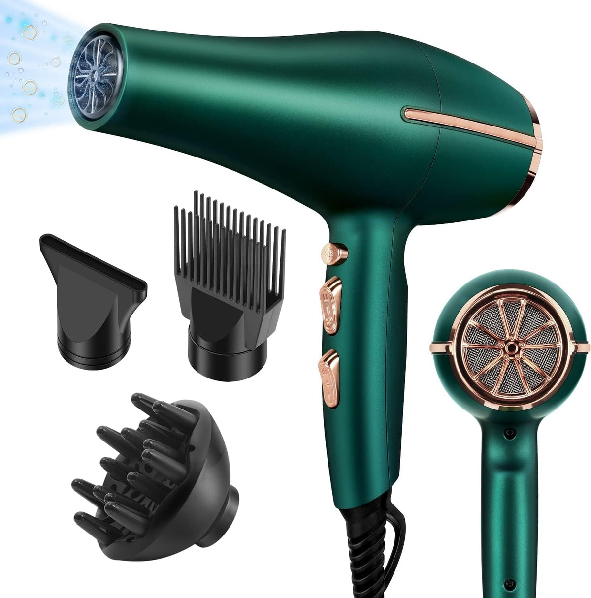 2000 Watt Negative Ionic Hair Dryer, Professional Salon Blow Dryer, Low Noise Fast Drying & Powerful AC Motor and Diffuser Comb for Men Women,3 Heat & 2 Speed Settings, Easy to Use- Green