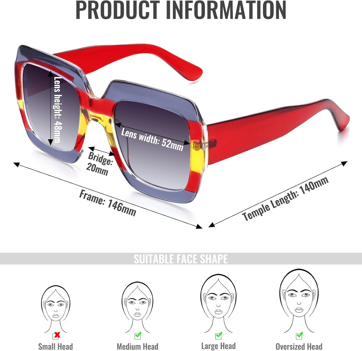 Oversized Square Sunglasses Womens Retro Shades Luxury Big Sun Glasses UV400 Protection S0178