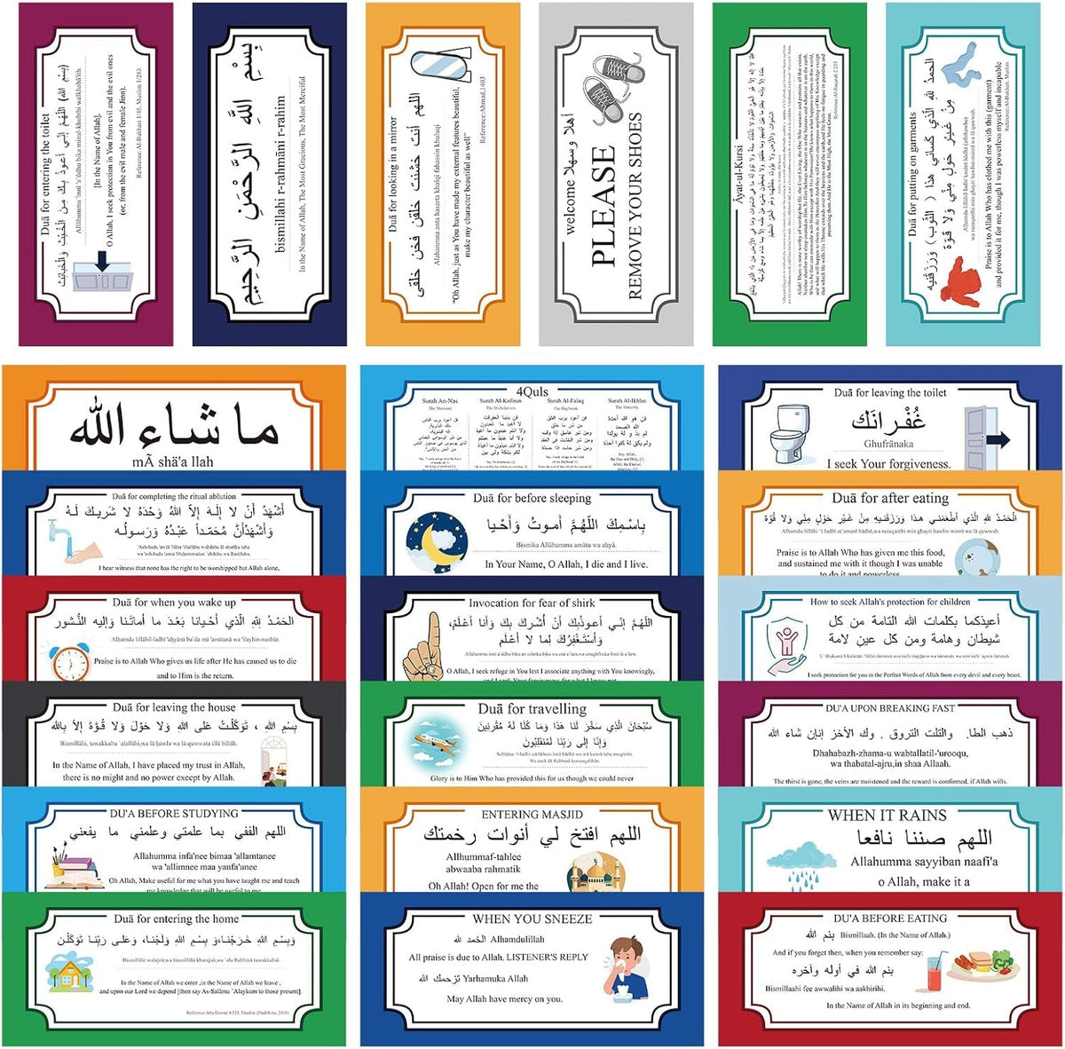 24 Pcs Muslim Stickers Gifts for Muslim Kids, Removable DIY Family Dua Sticker Decal Wall Mural Islamic Arabic Quotes Letters Teaching Education Stuff Wall Sticker, 7.87 X 3.54 Inches