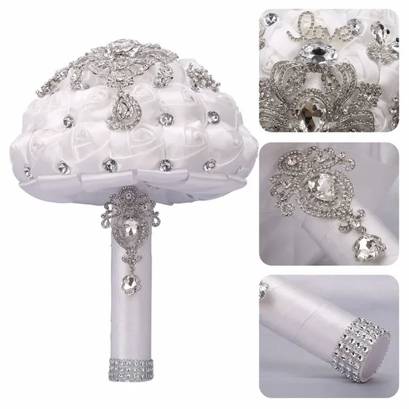21CM Shiny Silver Rhinestone Brooch Bridal Bouquet Handmade Silk Rose Ribbon Diamond Wedding Flower Bouquet Bridesmaid Holding Flowers