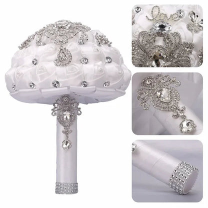 21CM Shiny Silver Rhinestone Brooch Bridal Bouquet Handmade Silk Rose Ribbon Diamond Wedding Flower Bouquet Bridesmaid Holding Flowers