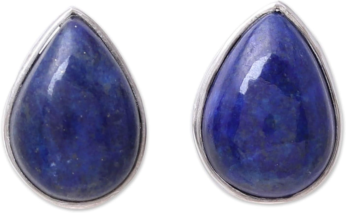 Artisan Handmade Jewelry Teardrop Earrings | Lapis Lazuli Button Earrings | .925 Sterling Silver Teardrop Earrings from India | Crafted by Hand Birthstone Gemstone Earrings 'Mystic Tears'