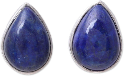Artisan Handmade Jewelry Teardrop Earrings | Lapis Lazuli Button Earrings | .925 Sterling Silver Teardrop Earrings from India | Crafted by Hand Birthstone Gemstone Earrings 'Mystic Tears'