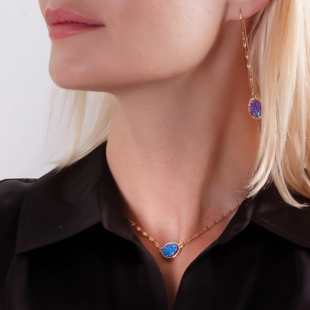 Humble Chic Simulated Druzy Pendant Necklace for Women with Sparkly Oval Stone - Gold, Silver, or Rose Gold Tone Chain - 16" with 3" Extender