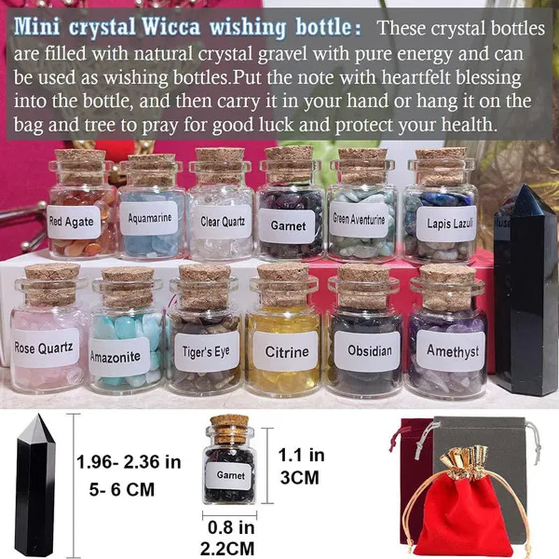 29 Crystals and Healing Stones Gemstone Bottles Chip,Raw Chakra Stones,Black Obsidian Wands,Witchcraft Supplies Healing Crystals Set,Chakra Healing Witchy Room décor Meditation Therapy Crystals