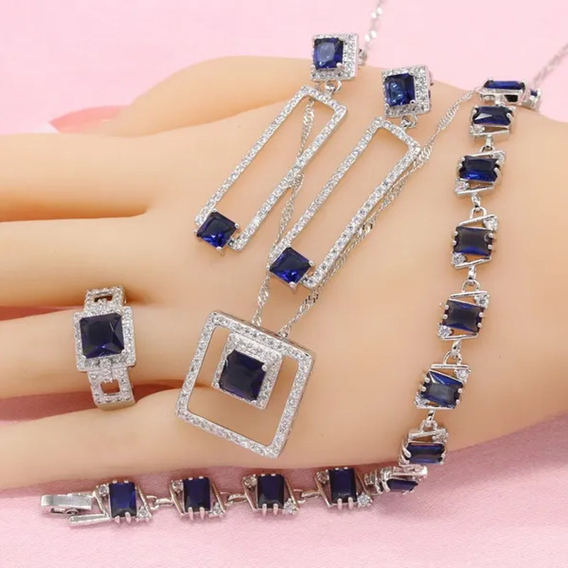 Women Fashion Silver Blue Zircon Ring Earrings Bracelet Pendant jewelry sets