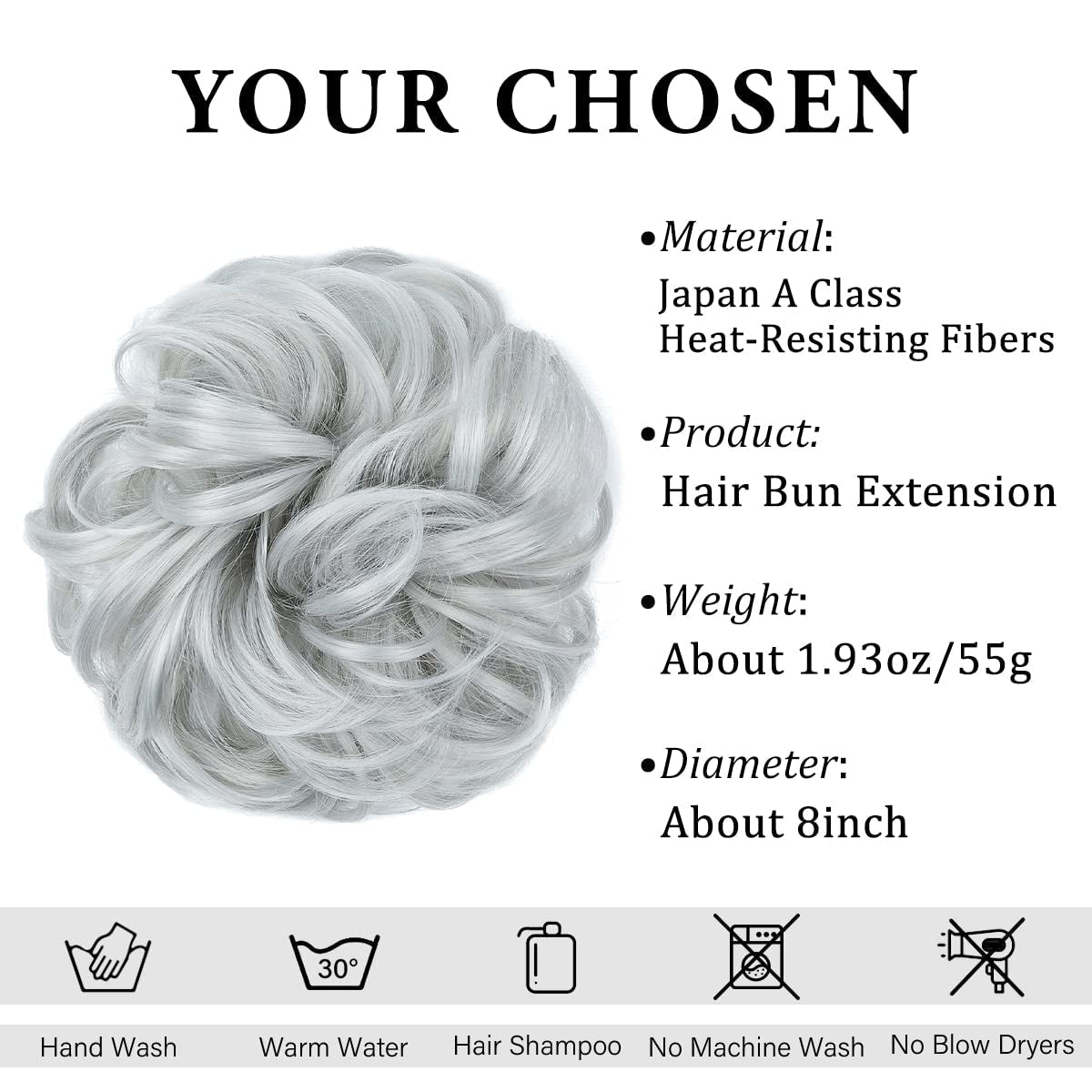 Large Messy Bun Hair Piece Wavy Curly Scrunchies Synthetic Chignon Ponytail Hair Extensions Thick Updo Hairpieces for Women Light Silver Grey