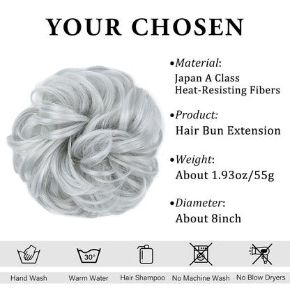 Large Messy Bun Hair Piece Wavy Curly Scrunchies Synthetic Chignon Ponytail Hair Extensions Thick Updo Hairpieces for Women Light Silver Grey
