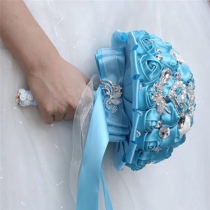 18cm Brooches Bridal Wedding Bouquet Lake Blue Ivory Sation Rose Flowers Decoration Wedding Accessories Ramos De Novia Bridesmaid Holding Bouquets
