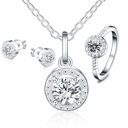 925 Sterling Silver Cute Solid Christmas Gift Noble Fashion Elegant Women Shiny Crystal CZ Necklace Earring Ring Jewelry Set