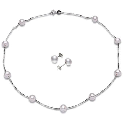 Trendy Simple 925 Sterling Silver with Natural Freshwater Pearl Necklace and Stud Earrings Jewelry Set for Women