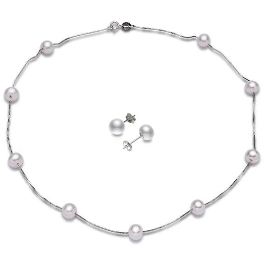 Trendy Simple 925 Sterling Silver with Natural Freshwater Pearl Necklace and Stud Earrings Jewelry Set for Women