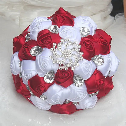 Private Custom Wedding Flower Bride Bouquet 18CM Silk Rose Wedding Bouquet Crystal Brooch Ribbon Bow Bride Bridesmaid Holding Flowers