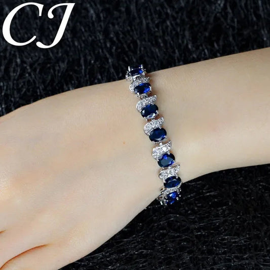 CANDICE 2023 Newest Design Women Luxury CZ Zirconia Silver Bracelets With Blue Stones 18CM+2.5CM（extended clasp）