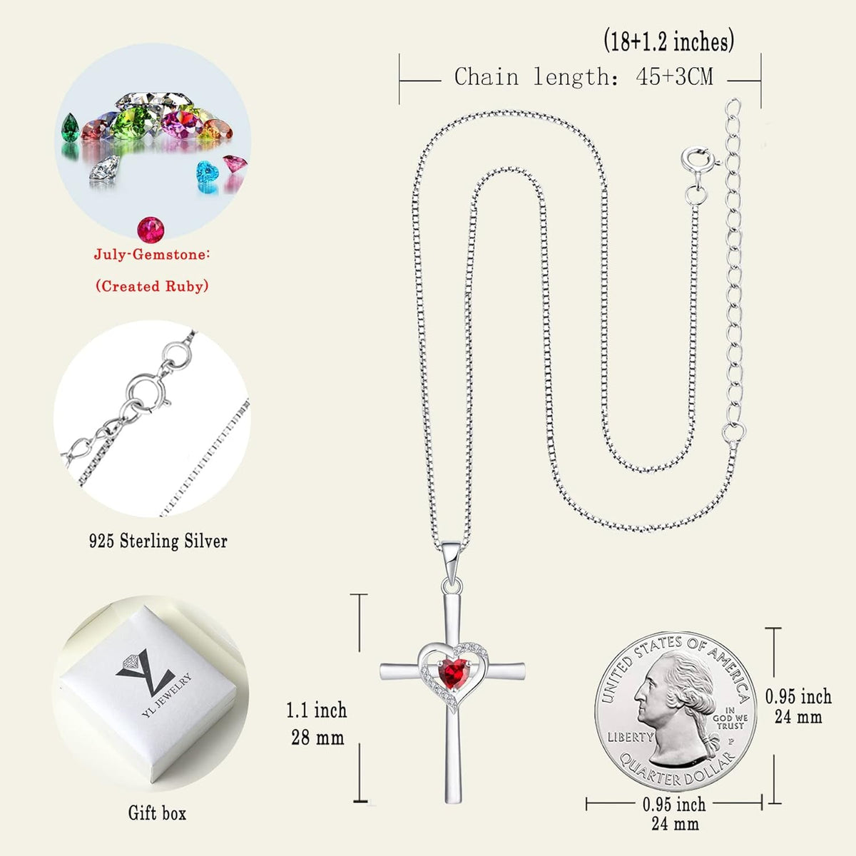 Heart Cross Necklace Sterling Silver Crucifix Pendant Gemstones Criss Jewelry for Women