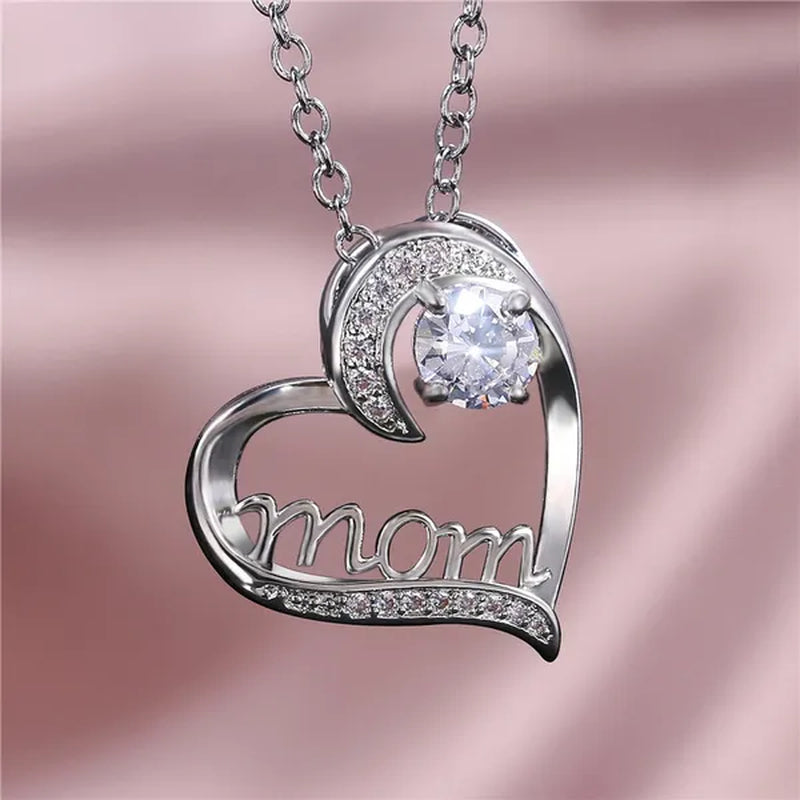 Love Mum Silver Plated Ruby MOM Character Emerald Necklace Jewelry Family Birthday Best Gift for Mother Mummy Party Wedding Band Necklace Christmas Gift