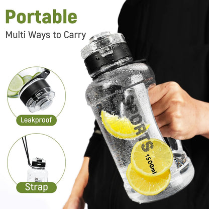 Outdoor Sports Water Bottle with Time Marker - 50 Oz Water Bottle with Handle and Chug Lid Big Water Bottle Reusable Leakproof Sports Water Bottle for Bike(Gray White)