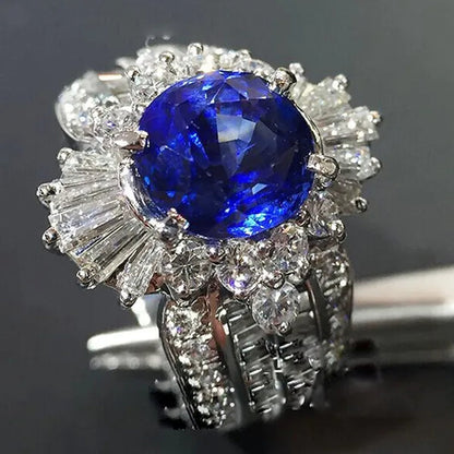 So Beautiful  Silver Natural Gemstones Sapphire And White Sapphire Wedding Birthstone Bride Engagement Anniversary Brand Big Ring Jewelry Size 6 7 8 9 10