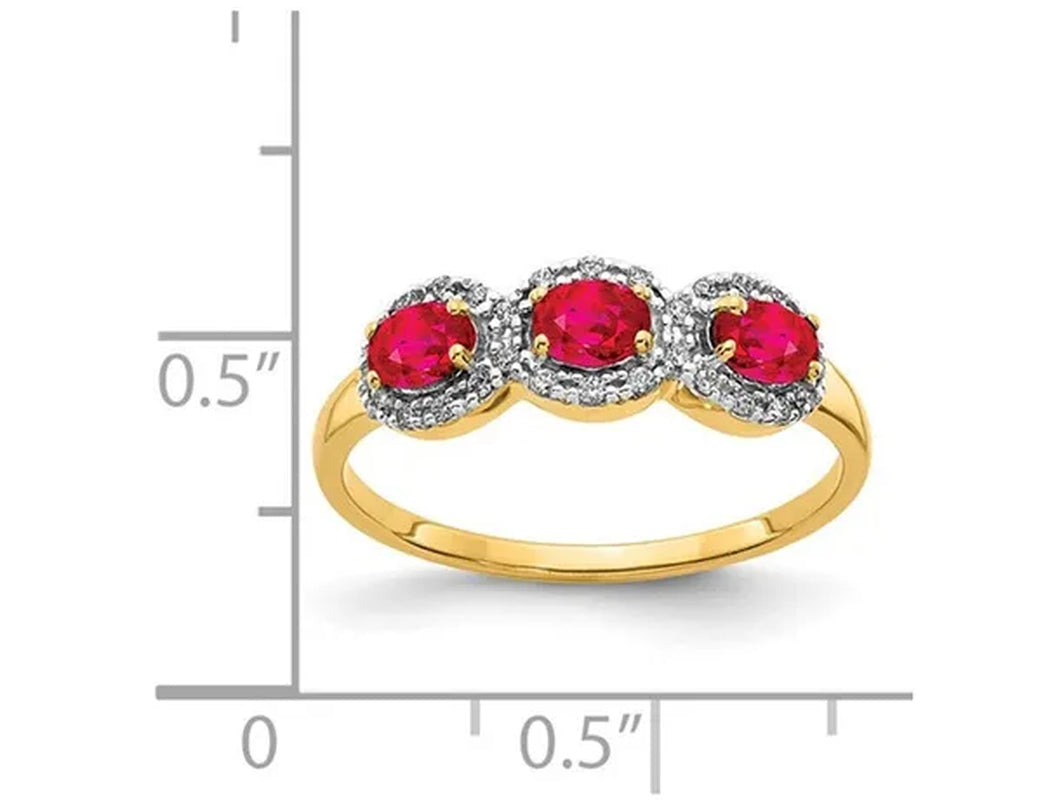 3/4 Carat (ctw) Three-Stone Ruby Ring in 14K Yellow Gold with Diamonds