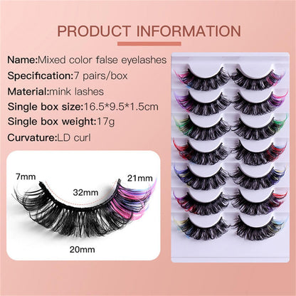 Colored Lashes 20Mm Strip False Eyelashes Kit with Color Fluffy 8D Thick Volume Lash Tint Curly Rainbow Fake Eye Lashes 7 Pairs Multi Pack