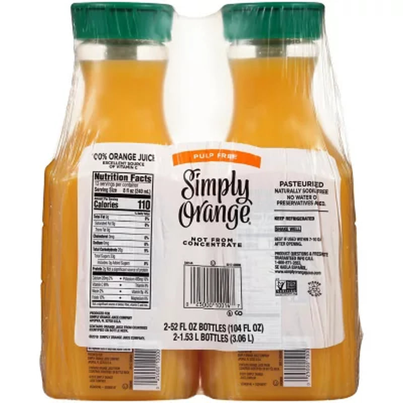 Simply Orange Pulp Free Orange Juice, 52 Fl Oz., 2 Pk.
