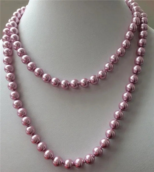 Handmade fine 10mm pink purple round south sea shell pearl necklace 36" fashion jewelry