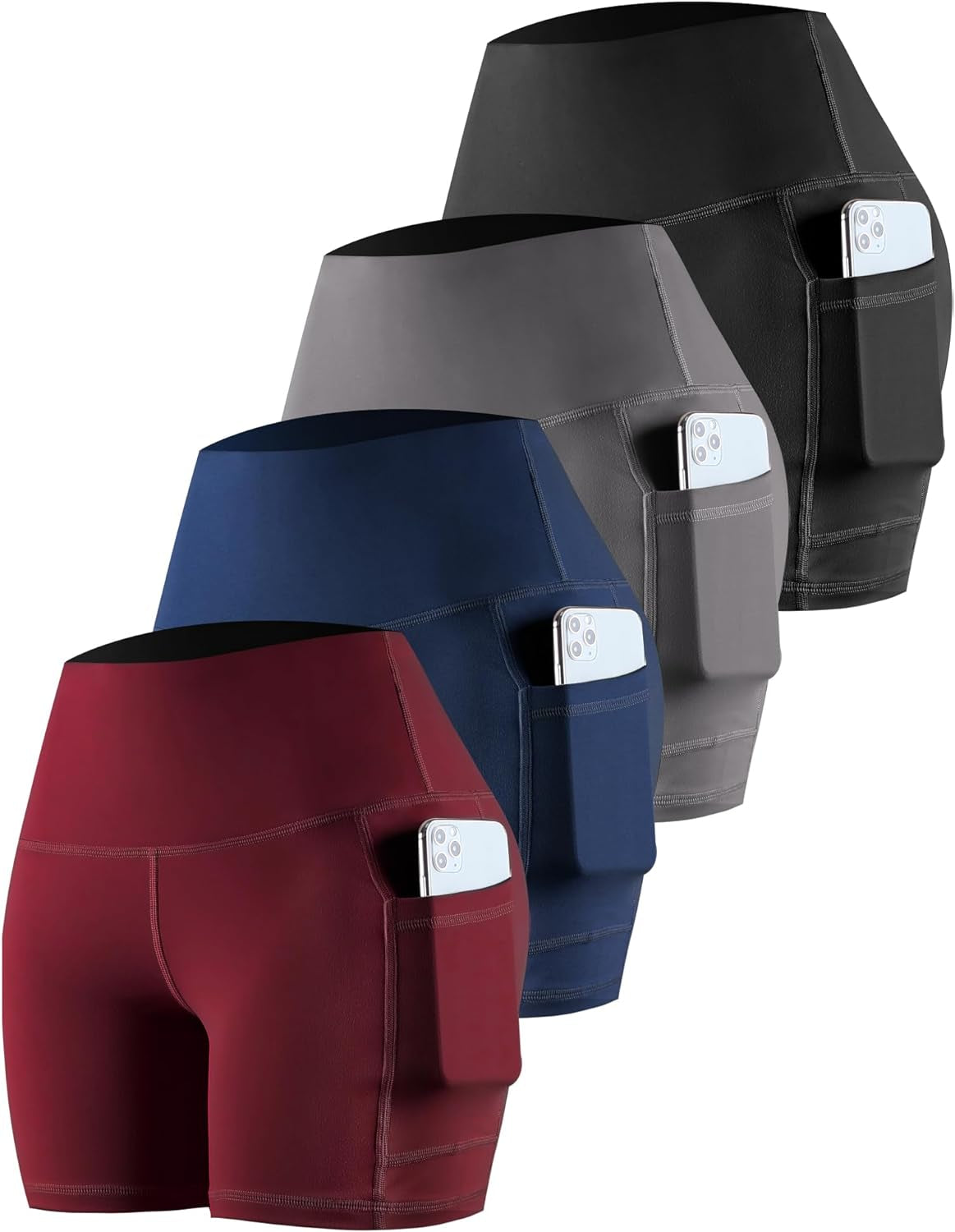 Womens Biker Shorts with Pockets: High Waisted Tummy Control Spandex Workout Yoga Athletic Gym Shorts 4 Packs