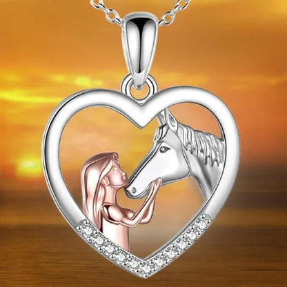 2022 New Exquisite Fashion 925 Sterling Silver Girl and Horse Necklace for Women Girls Heart Diamond Pendant Necklace Horse Jewelry for Girl Daughter Birthday Party Anniversary Gift