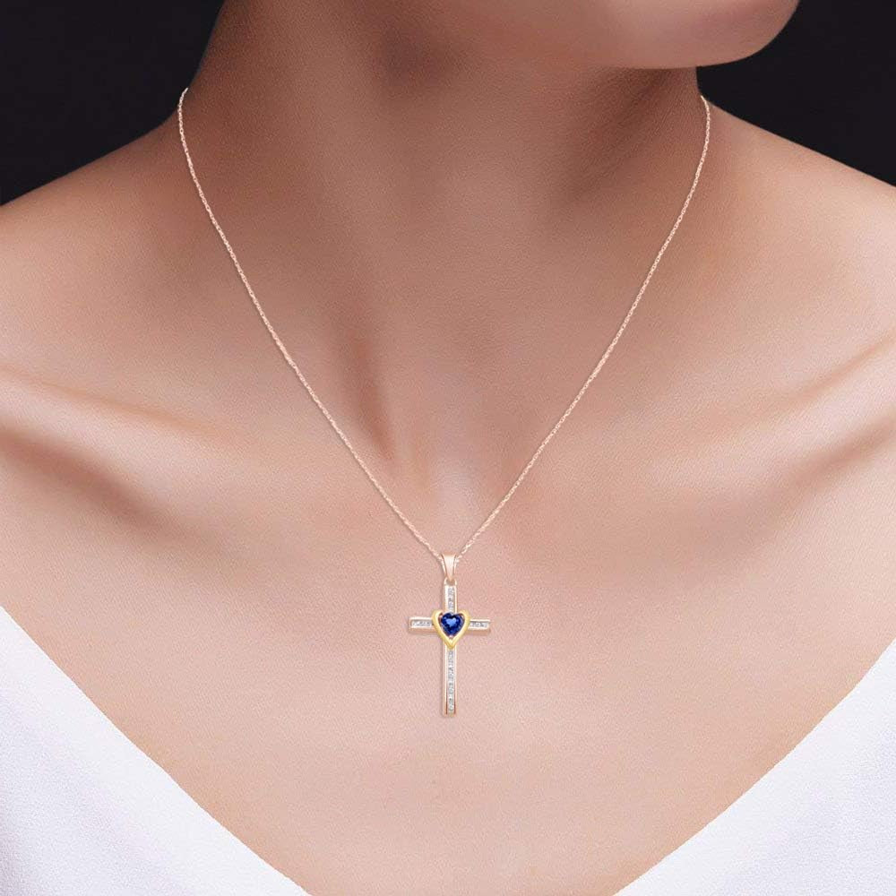 Simulated Blue Sapphire & Natural Diamond Cross Pendant Necklace Intwo-Tone Gold over Sterling Silver
