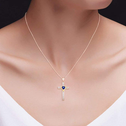 Simulated Blue Sapphire & Natural Diamond Cross Pendant Necklace Intwo-Tone Gold over Sterling Silver