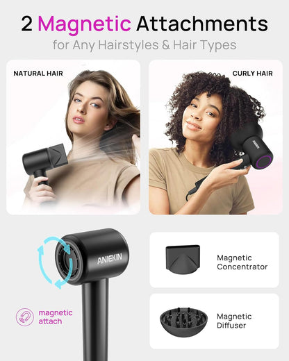 Hair Dryer, High-Speed Ionic Low Noise Blow Dryer with Brushless Motor for Fast Drying, Thermo-Control Quiet Compact Hair Blow Dryer with Magnetic Diffuser for Curly Hair for Home Travel Salon
