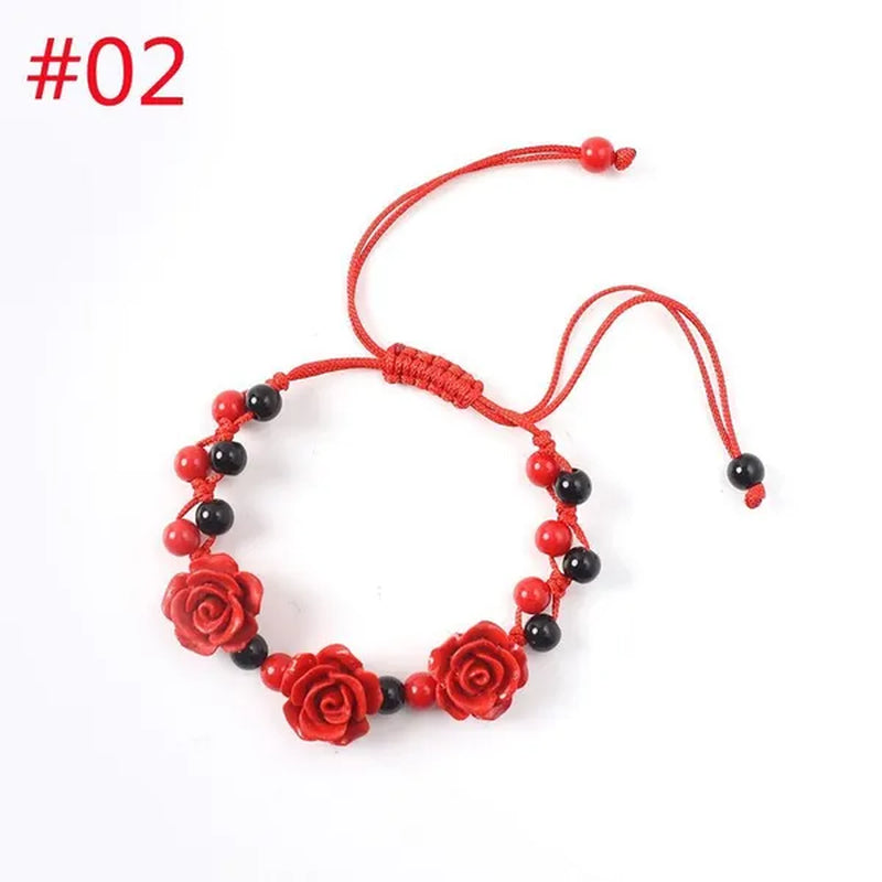 1/3pcs Fashion Women Rose Bracelet Ethnic Handicraft Lacquer Carved Cinnabar Rose Flower Bracelet For Women Red Rope Beaded Bracelet