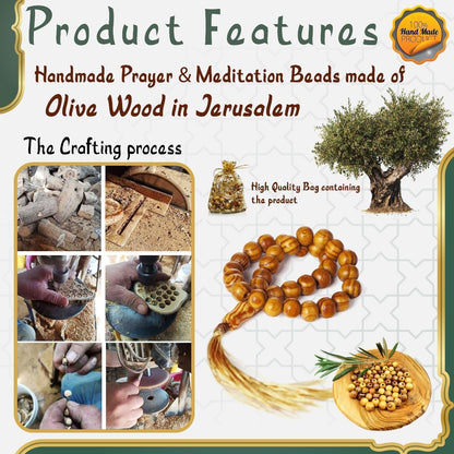 Masbaha 33 Beads Olive Wood from Jerusalem Islamic Prayer Beads Tasbeeh Muslim Rosary Quran Misbaha Tespih Dhikr Beads Sibha Tasbih Beads Muslim Worry Beads Islamic Beads Islamic Gifts