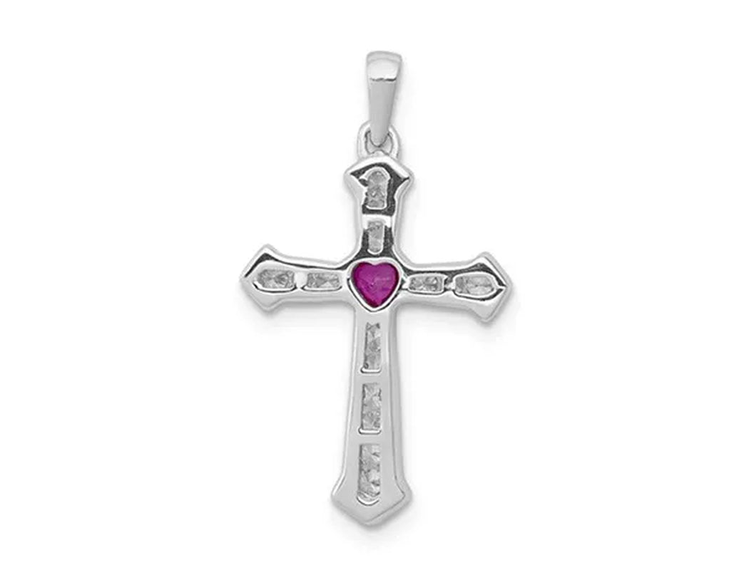 Natural Ruby 1/10 Carat (ctw) Cross Heart Pendant Necklace with Diamonds 1/5 Carat (ctw) in 14K White Gold
