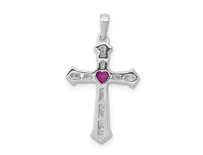 Natural Ruby 1/10 Carat (ctw) Cross Heart Pendant Necklace with Diamonds 1/5 Carat (ctw) in 14K White Gold