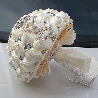 24CM Customized Silk Rose Wedding Bouquet Sapphire blue Artificial Flowers Wedding Bridal Bouquet Luxury Crystal Pearl Brooch Bridesmaid Bride Holding Flowers