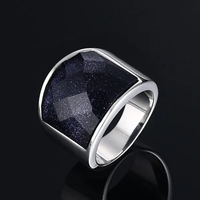 Men's Fashion Jewelry High Polished Silver Titanium Steel Ring With Blue Gravel (Blue Sandstone) Mens Wedding Band Fine Rings
