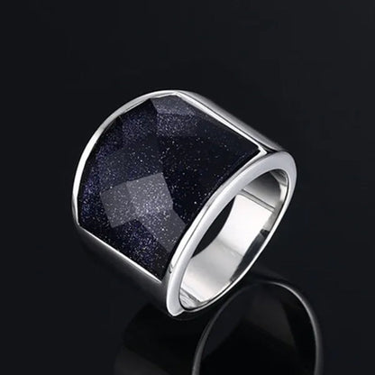 Men's Fashion Jewelry High Polished Silver Titanium Steel Ring With Blue Gravel (Blue Sandstone) Mens Wedding Band Fine Rings