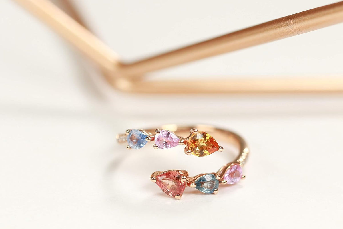 10K Yellow Gold Multi Sapphire Ring with Diamonds for Women | Ethically, Authentically & Organically Sourced (Pear-Cut) Shaped Sapphire Hand-Crafted Jewelry for Her | Sapphire Ring for Women