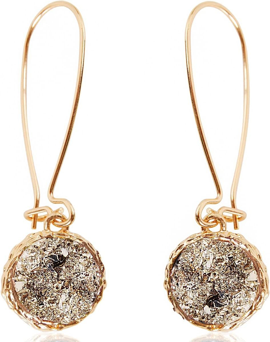 Humble Chic Simulated Druzy Threader Drop Earrings for Women - Gold, Silver, or Rose Gold Tone Trendy Boho Dangles with Sparkly Round Stone