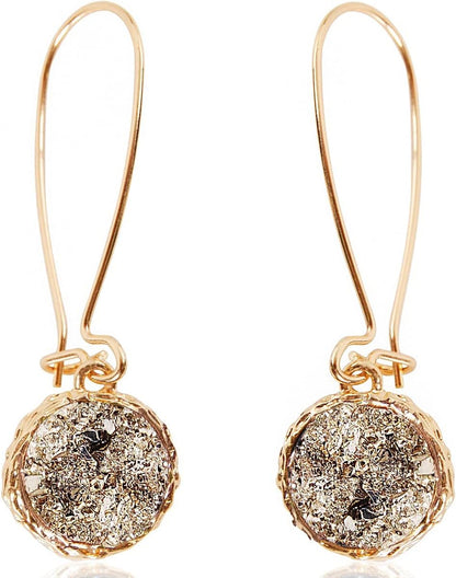 Humble Chic Simulated Druzy Threader Drop Earrings for Women - Gold, Silver, or Rose Gold Tone Trendy Boho Dangles with Sparkly Round Stone