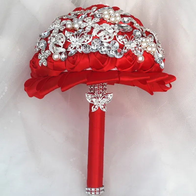 18CM Fine Red Artificial Fake Flower Rose Wedding Bouquet Butterfly Diamonds Pearl Flowers brooch Bride Holding Flowers Bridesmaid Bouquet Wedding Flowers