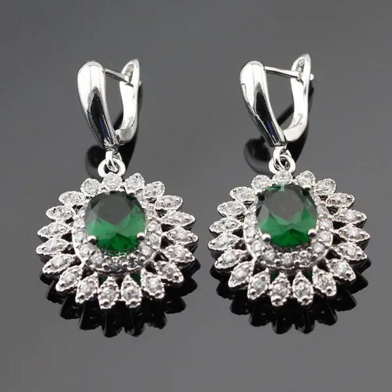 Flower Shaped 925 Silver Jewelry Sets Green Zircon Necklace Pendant Drop Earrings Ring for Women Dating Gift