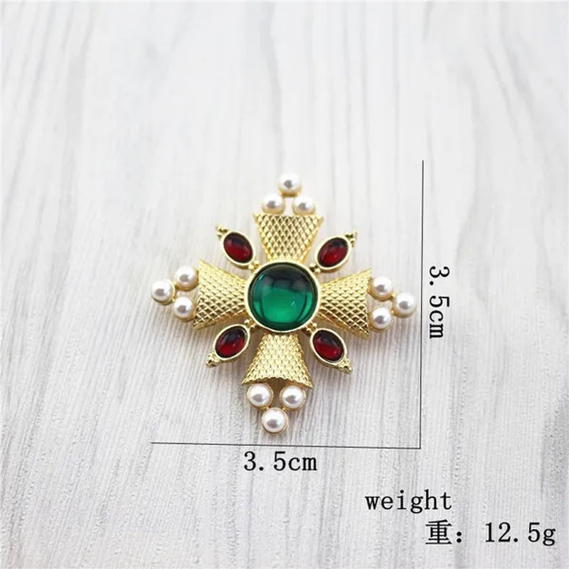 Luxury Creative Antique Engraved Baroque Style Pearl Ruby Retro Brooch Girl