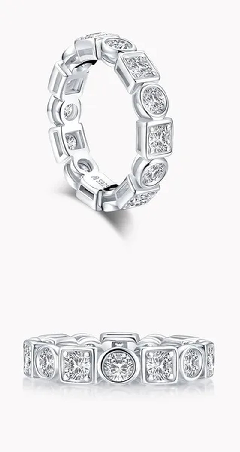 Eternity Ring 18k White Gold Plating Sterling Silver Round & Emerald Cut Ethical Lab-grown Diamond Band Stackable Ring Multi-stone Ring
