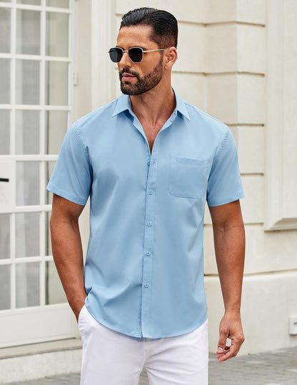 Mens Short Sleeve Casual Button down Shirts Summer Untucked Dress Shirts with Pocket