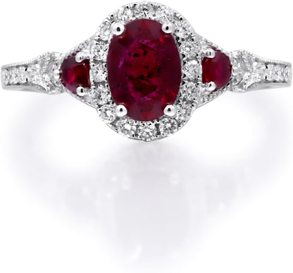 14K White Gold Mozambique Genuine Ruby Ring with Diamonds for Women | Ethically, Authentically & Organically Sourced (Oval-Cut) Shaped Ruby Hand-Crafted Jewelry for Her | Ruby Ring for Women