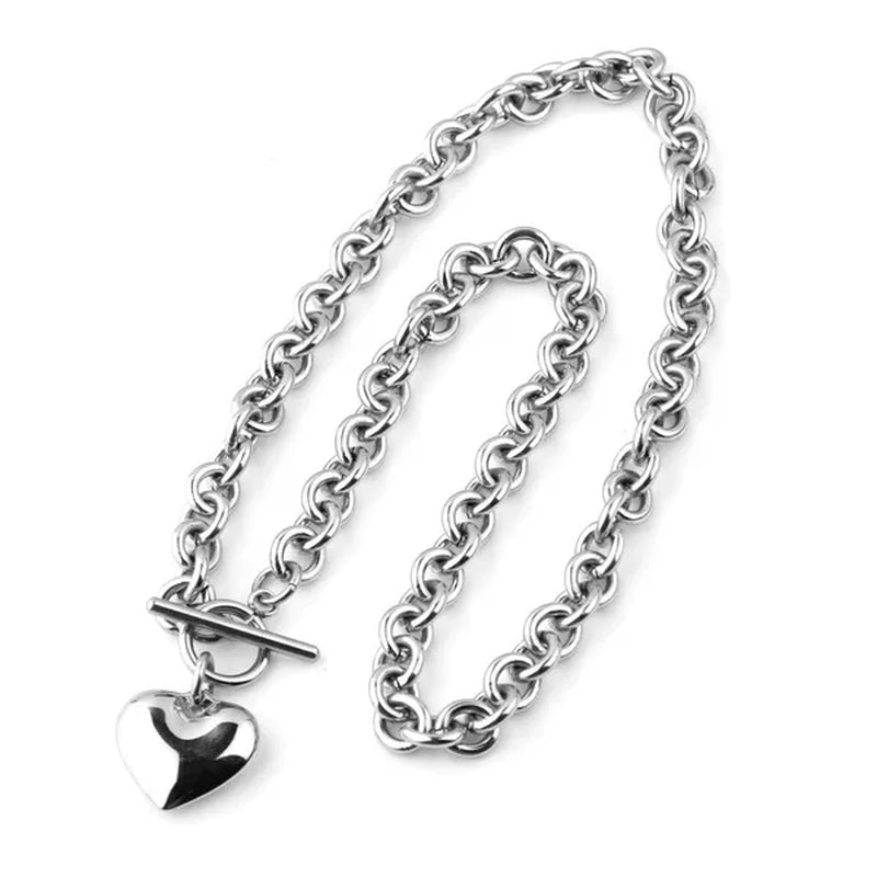 Trendry Women's Heart Pendant Set Silver Stainless Steel Jewelry Set Chain Necklace Bracelet Oval Chain