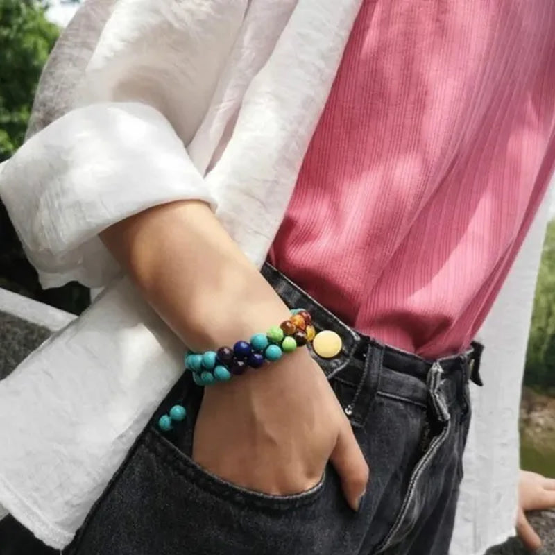 7 Chakra Bracelet Natural Healing Stones Beads Bracelet Double Layered Adjustable Macrame Woven Rope Chain Yoga Bracelet(4Colors)