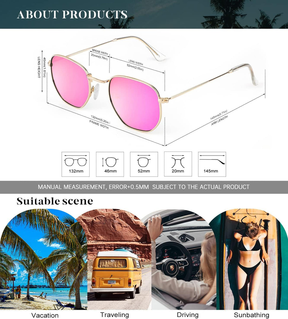 Sunglasses for Women and Men, Polarized Square UV Protection, Trendy Metal Frame Hexagon Sunglasses